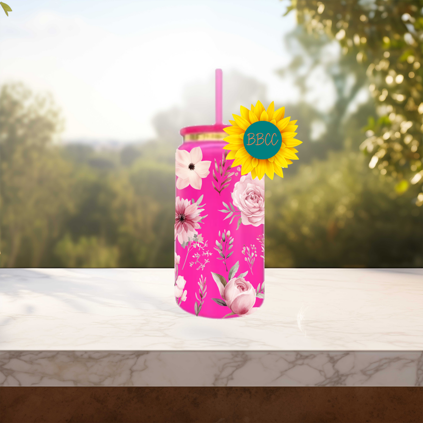 Pink Florals 16oz Stainless Steel or Plastic Tumbler