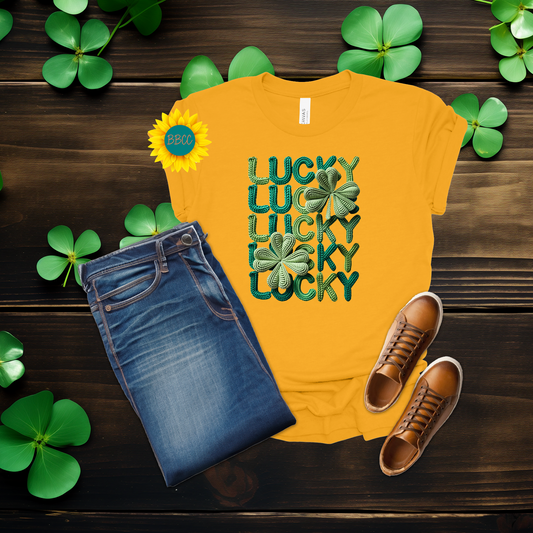 Adult Lucky Lucky Lucky Faux Yarn Shamrock T-Shirt - St. Patrick's Day