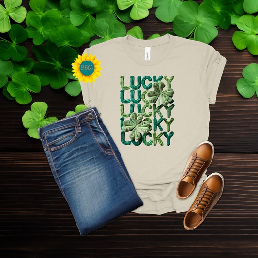 Adult Lucky Lucky Lucky Faux Yarn Shamrock T-Shirt - St. Patrick's Day